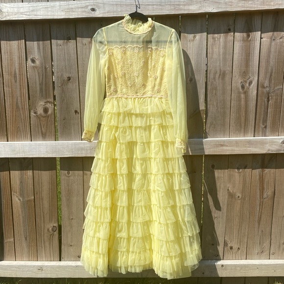 Vintage Dresses & Skirts - Vintage Nadine Lemon Yellow Ruffled Tiered Dress